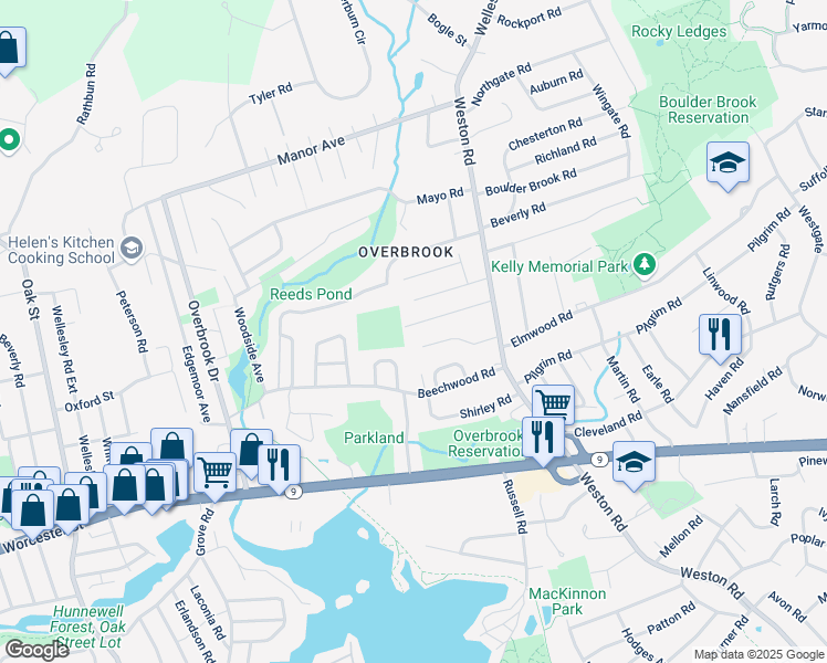 map of restaurants, bars, coffee shops, grocery stores, and more near 36 Thomas Rd in Wellesley