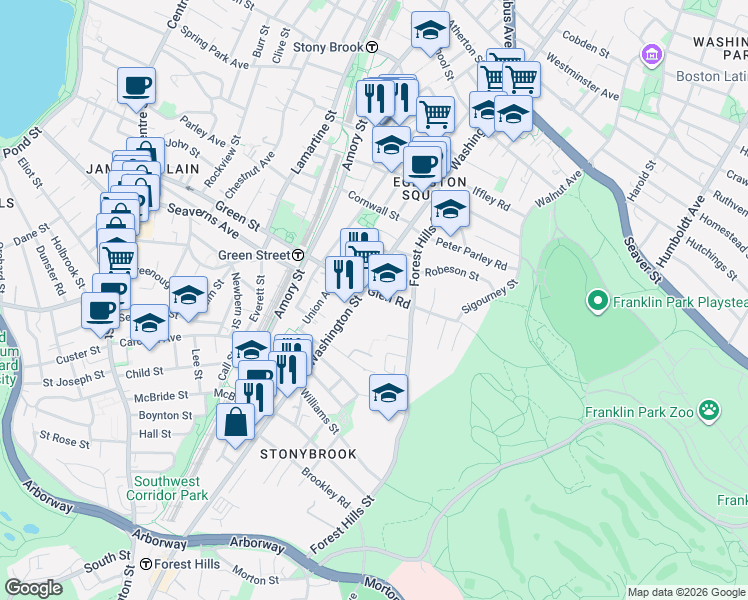 map of restaurants, bars, coffee shops, grocery stores, and more near 5 Glen Road in Boston
