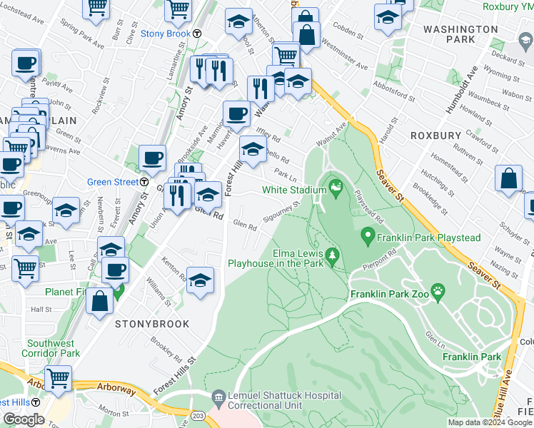 map of restaurants, bars, coffee shops, grocery stores, and more near 8 Sigourney Street in Boston