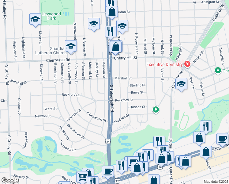 map of restaurants, bars, coffee shops, grocery stores, and more near 445 South Telegraph Road in Dearborn