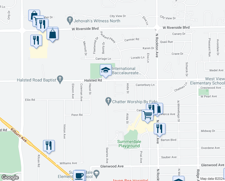 map of restaurants, bars, coffee shops, grocery stores, and more near 3308 Sablewood Drive in Rockford