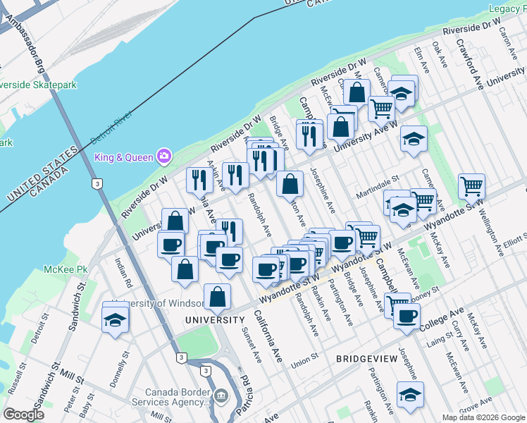 map of restaurants, bars, coffee shops, grocery stores, and more near 359 Rankin Avenue in Windsor