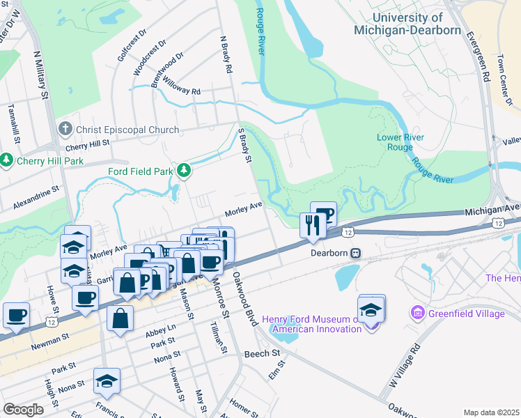 map of restaurants, bars, coffee shops, grocery stores, and more near 21505 Morley Avenue in Dearborn