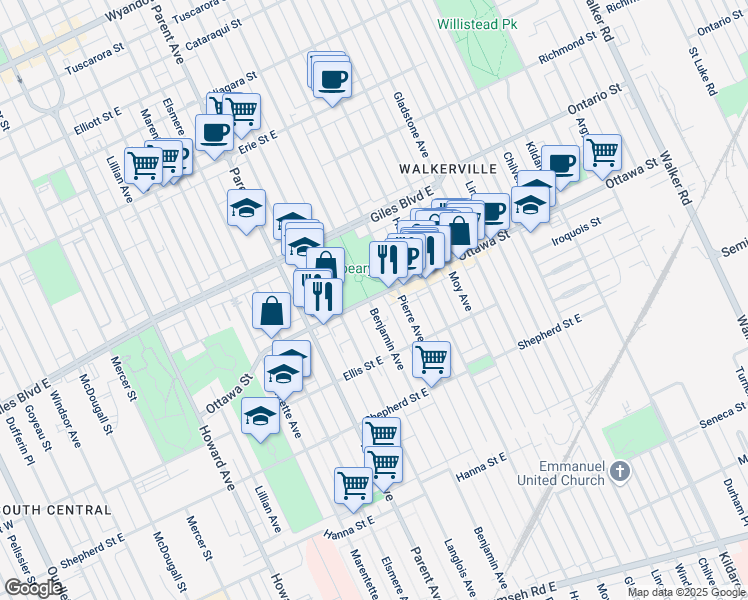 map of restaurants, bars, coffee shops, grocery stores, and more near 1300 Benjamin Avenue in Windsor