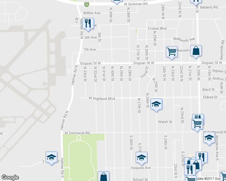 map of restaurants, bars, coffee shops, grocery stores, and more near 95 North 30th Street in Battle Creek
