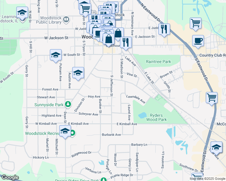 map of restaurants, bars, coffee shops, grocery stores, and more near 607 South Jefferson Street in Woodstock