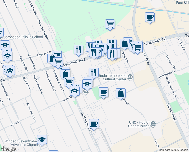 map of restaurants, bars, coffee shops, grocery stores, and more near 6513 Thornberry Crescent in Windsor