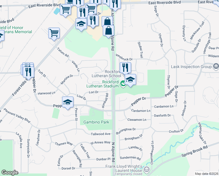 map of restaurants, bars, coffee shops, grocery stores, and more near 3361 Kimball Road in Rockford