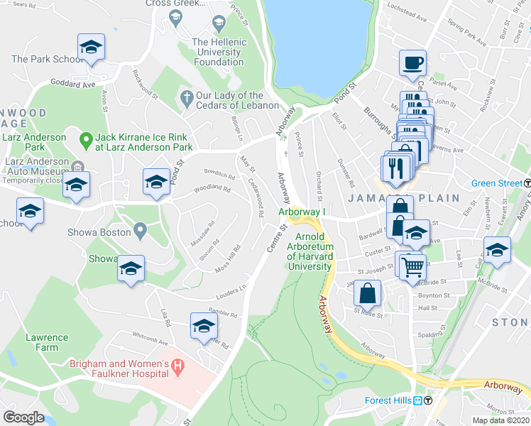 map of restaurants, bars, coffee shops, grocery stores, and more near 40 Cedarwood Road in Boston