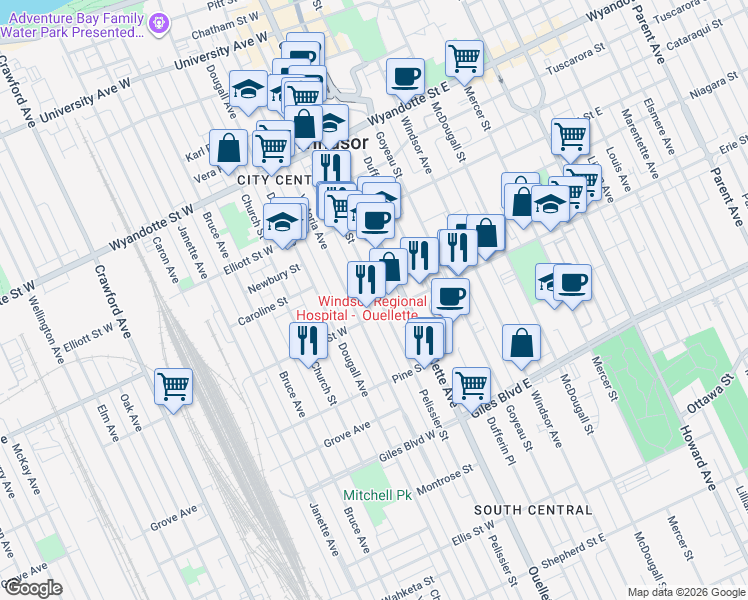 map of restaurants, bars, coffee shops, grocery stores, and more near 975 Pelissier Street in Windsor