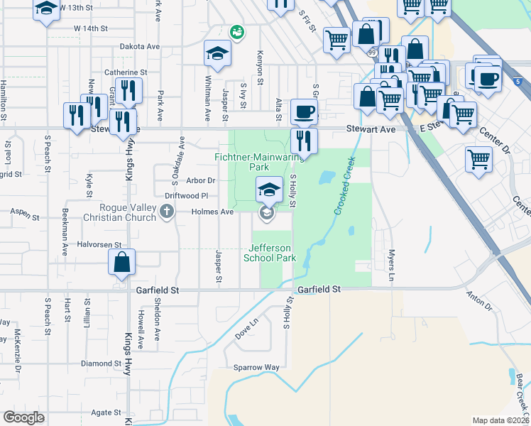 map of restaurants, bars, coffee shops, grocery stores, and more near 321-349 Holmes Avenue in Medford