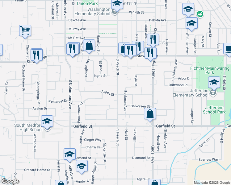 map of restaurants, bars, coffee shops, grocery stores, and more near 916 Aspen Street in Medford