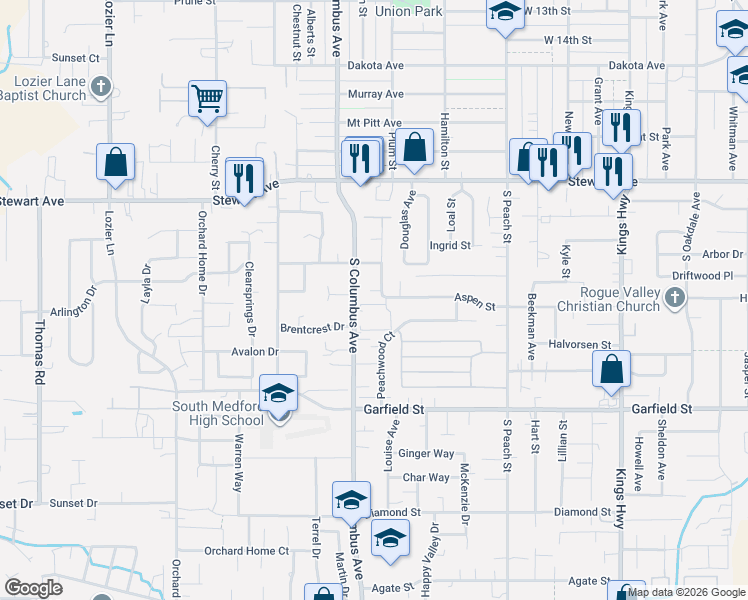 map of restaurants, bars, coffee shops, grocery stores, and more near 1468 South Columbus Avenue in Medford