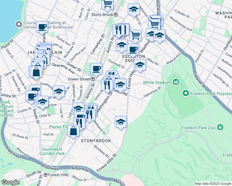 map of restaurants, bars, coffee shops, grocery stores, and more near 5 Glen Road in Boston
