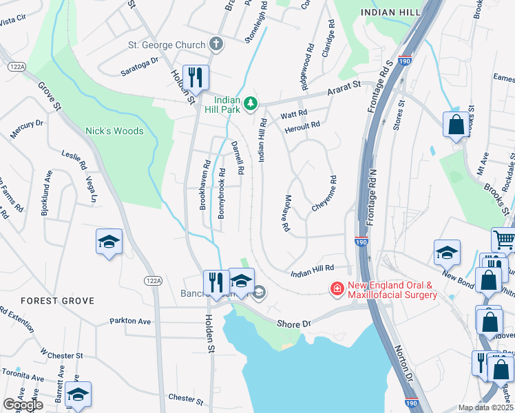 map of restaurants, bars, coffee shops, grocery stores, and more near 71 Darnell Road in Worcester