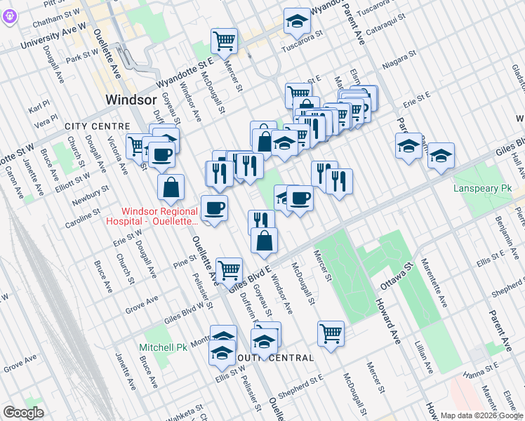 map of restaurants, bars, coffee shops, grocery stores, and more near 1073 McDougall Street in Windsor
