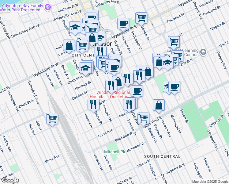 map of restaurants, bars, coffee shops, grocery stores, and more near 970 Victoria Avenue in Windsor