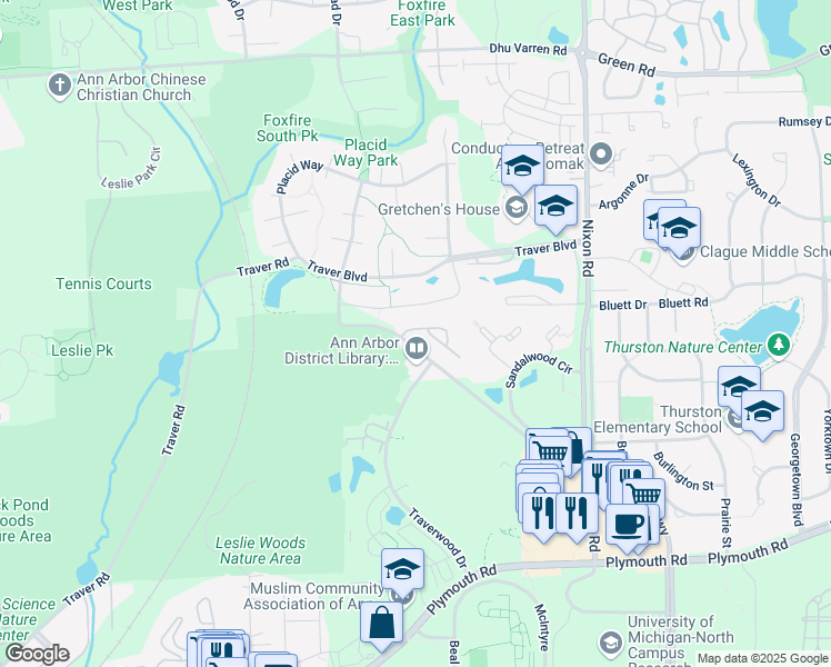 map of restaurants, bars, coffee shops, grocery stores, and more near 2371 Leslie Circle in Ann Arbor