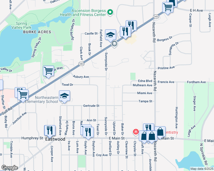 map of restaurants, bars, coffee shops, grocery stores, and more near 1809 Sunnyside Drive in Kalamazoo