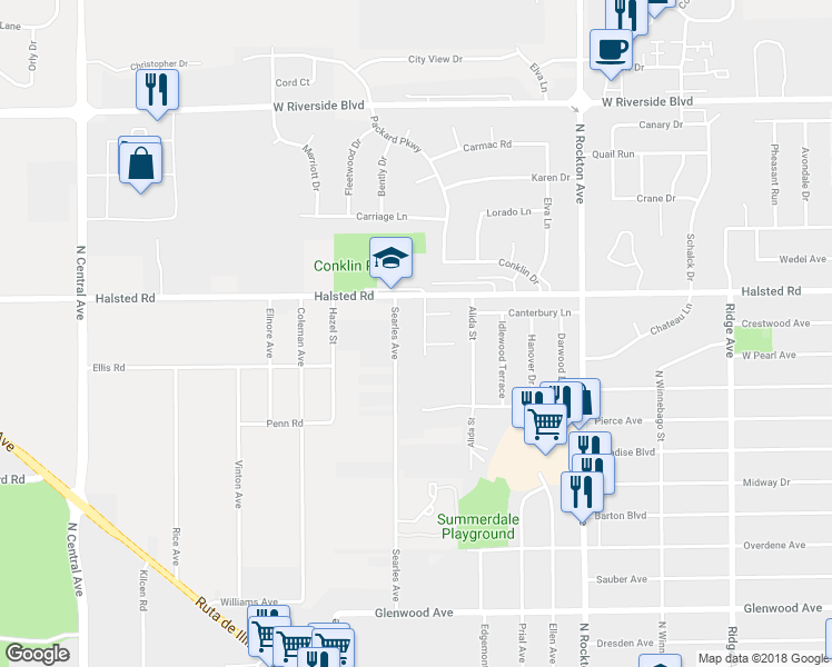 map of restaurants, bars, coffee shops, grocery stores, and more near 3308 Sablewood Drive in Rockford