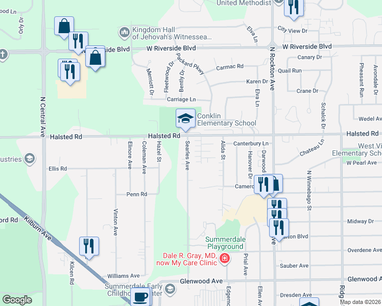 map of restaurants, bars, coffee shops, grocery stores, and more near 3310 Searles Avenue in Rockford