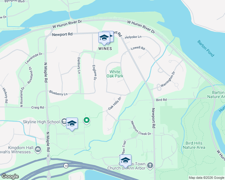 map of restaurants, bars, coffee shops, grocery stores, and more near 2632 English Oak Drive in Ann Arbor