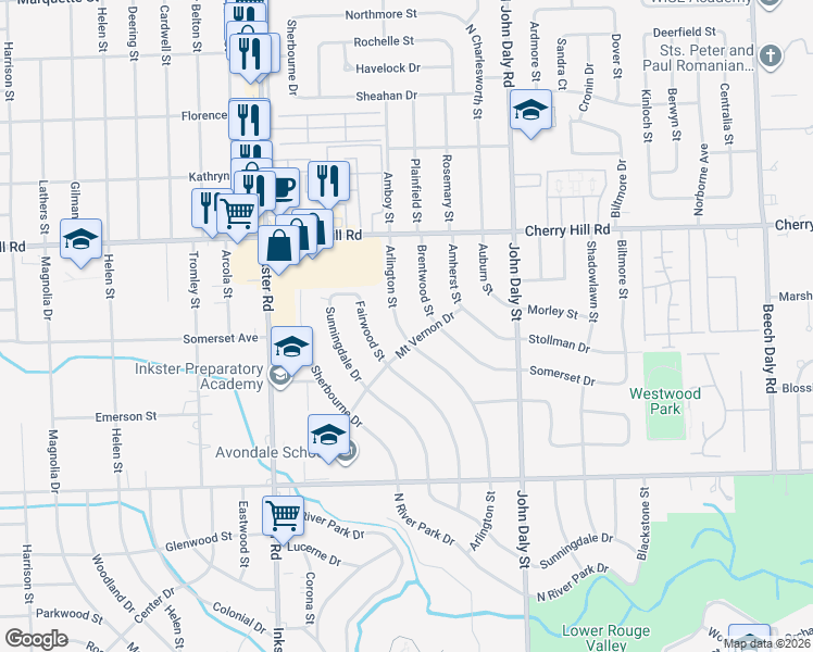 map of restaurants, bars, coffee shops, grocery stores, and more near 311 Arlington Street in Inkster