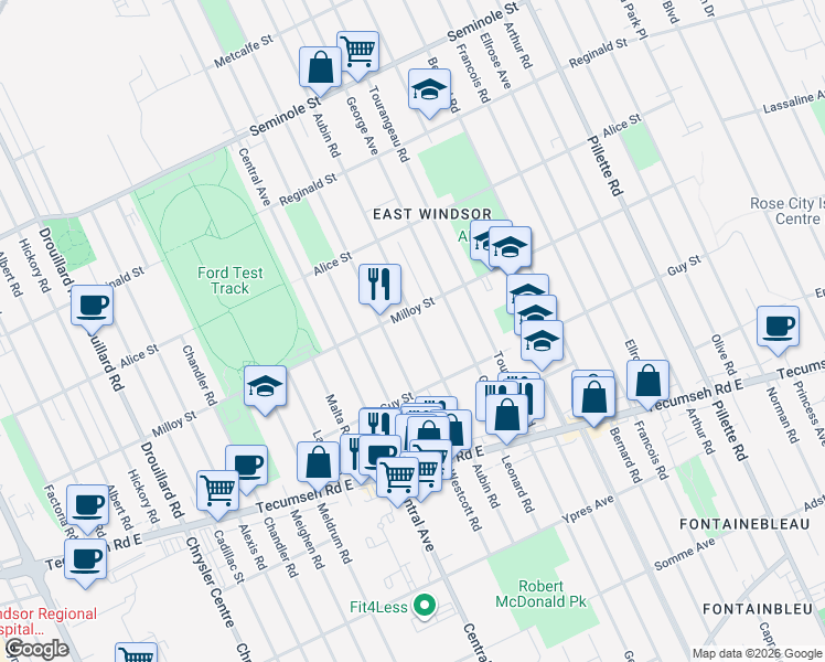 map of restaurants, bars, coffee shops, grocery stores, and more near 1819 Aubin Road in Windsor