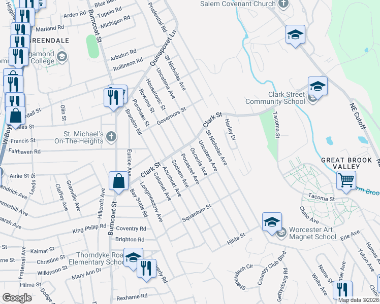 map of restaurants, bars, coffee shops, grocery stores, and more near 12 Osceola Avenue in Worcester