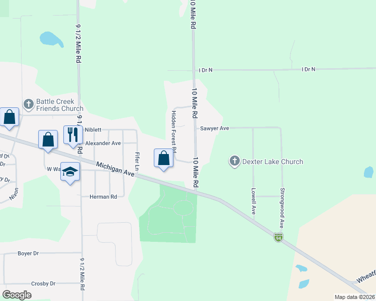 map of restaurants, bars, coffee shops, grocery stores, and more near 115 Hidden Forest Road in Battle Creek