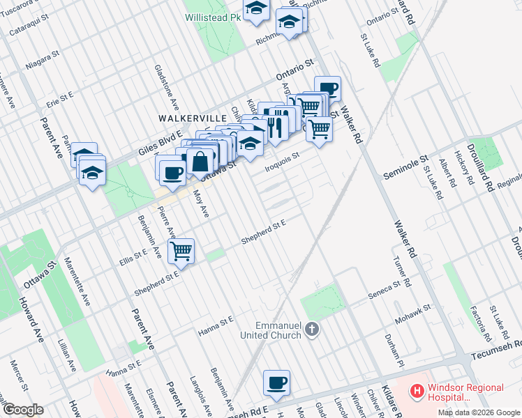 map of restaurants, bars, coffee shops, grocery stores, and more near 1441 Windermere Road in Windsor