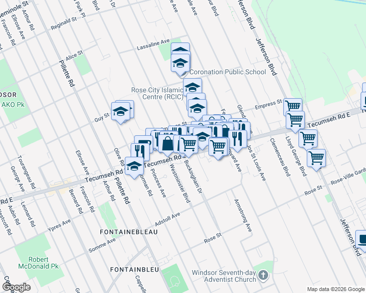 map of restaurants, bars, coffee shops, grocery stores, and more near 2076 Buckingham Drive in Windsor