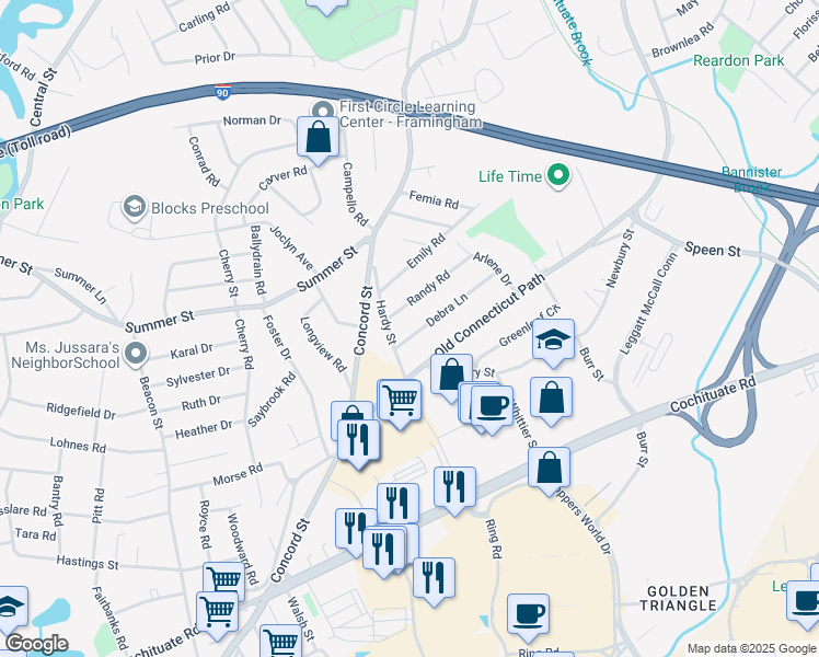 map of restaurants, bars, coffee shops, grocery stores, and more near 9 Debra Lane in Framingham