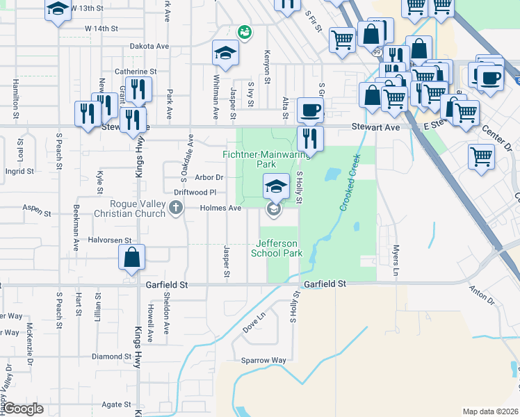map of restaurants, bars, coffee shops, grocery stores, and more near 349 Holmes Avenue in Medford