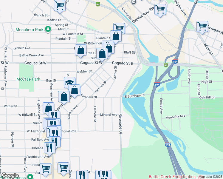 map of restaurants, bars, coffee shops, grocery stores, and more near 91 Arthur Street in Battle Creek