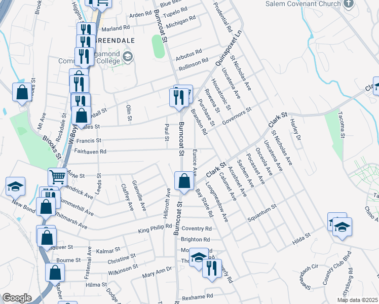 map of restaurants, bars, coffee shops, grocery stores, and more near 172 Fairhaven Road in Worcester