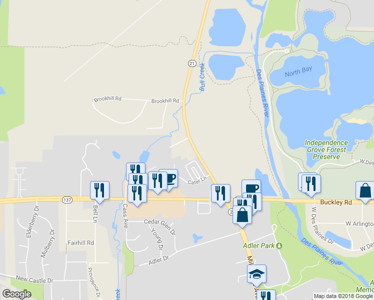 map of restaurants, bars, coffee shops, grocery stores, and more near 30710 North Milwaukee Avenue in Libertyville