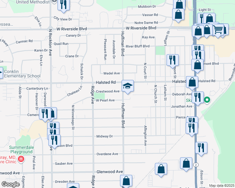 map of restaurants, bars, coffee shops, grocery stores, and more near 1812 Crestwood Avenue in Rockford