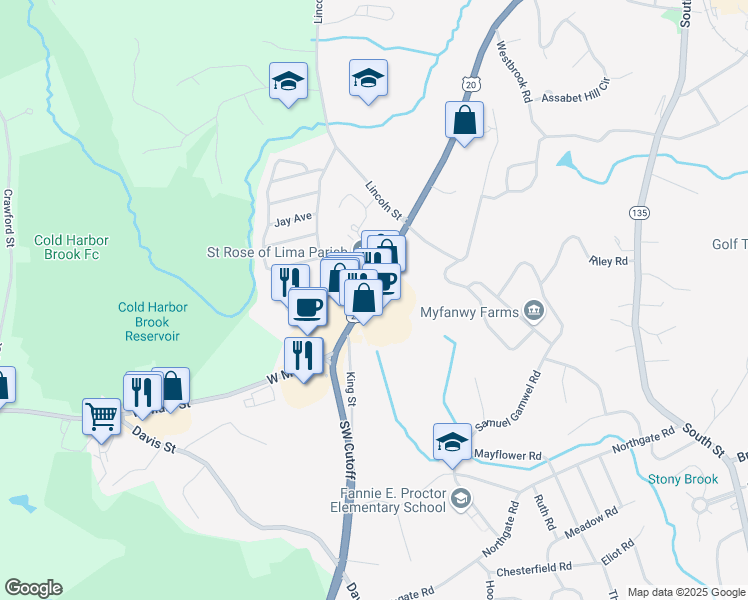 map of restaurants, bars, coffee shops, grocery stores, and more near 253 West Main Street in Northborough