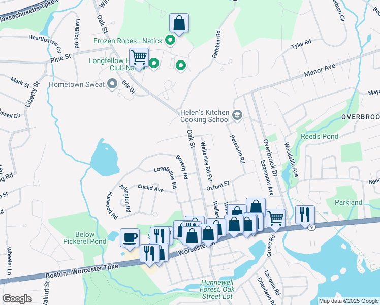map of restaurants, bars, coffee shops, grocery stores, and more near 128 Oak St in Natick