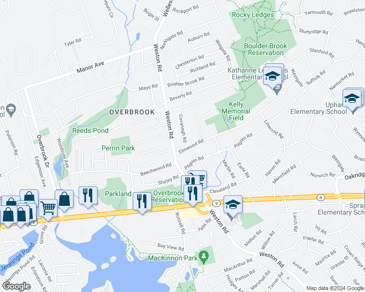 map of restaurants, bars, coffee shops, grocery stores, and more near 2 Cavanagh Road in Wellesley