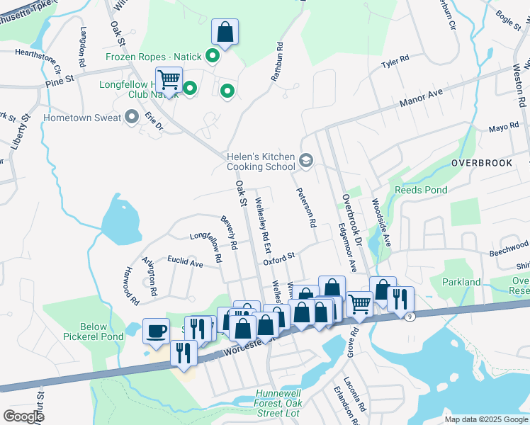 map of restaurants, bars, coffee shops, grocery stores, and more near 61 Wellesley Road Extension in Natick