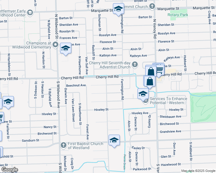 map of restaurants, bars, coffee shops, grocery stores, and more near 33563 Beechnut Street in Westland