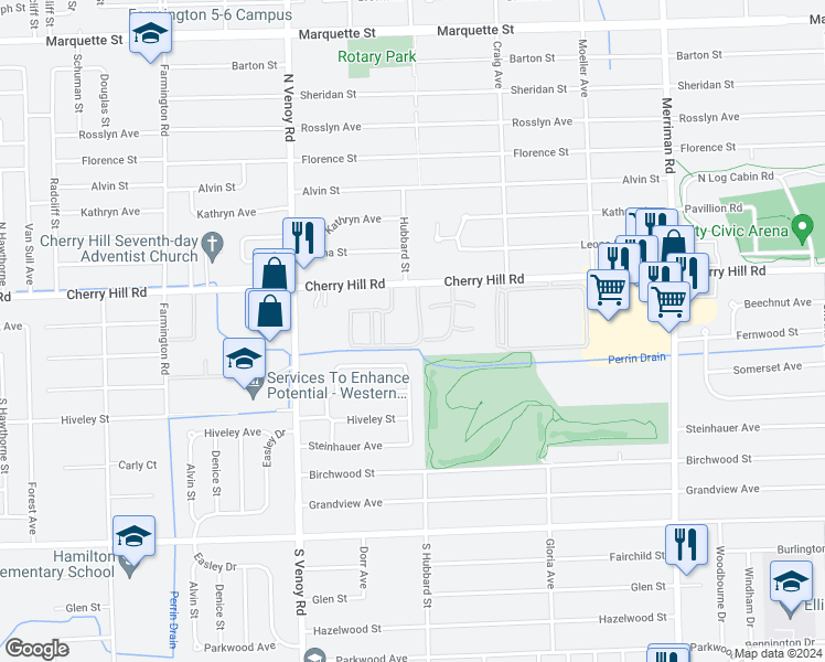 map of restaurants, bars, coffee shops, grocery stores, and more near 233 South Hubbard Court in Westland