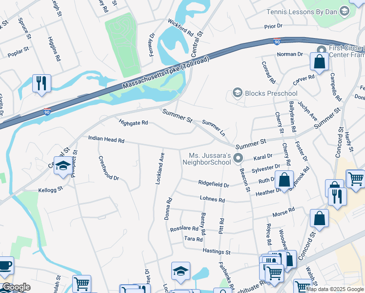 map of restaurants, bars, coffee shops, grocery stores, and more near 104 Indian Head Road in Framingham
