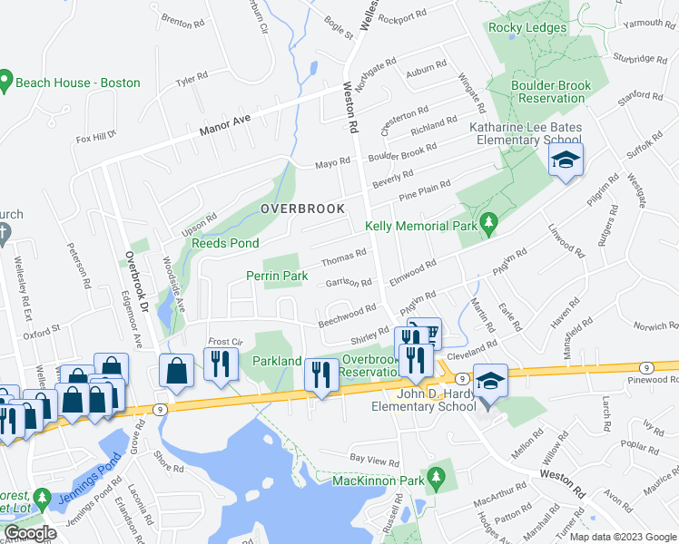 map of restaurants, bars, coffee shops, grocery stores, and more near 19 Garrison Road in Wellesley