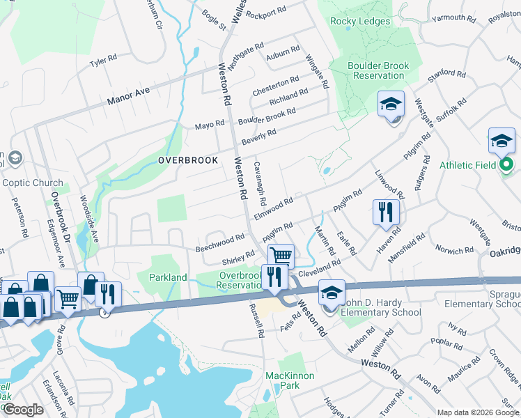 map of restaurants, bars, coffee shops, grocery stores, and more near 2 Cavanagh Road in Wellesley
