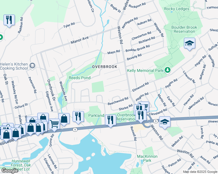 map of restaurants, bars, coffee shops, grocery stores, and more near 36 Thomas Road in Wellesley