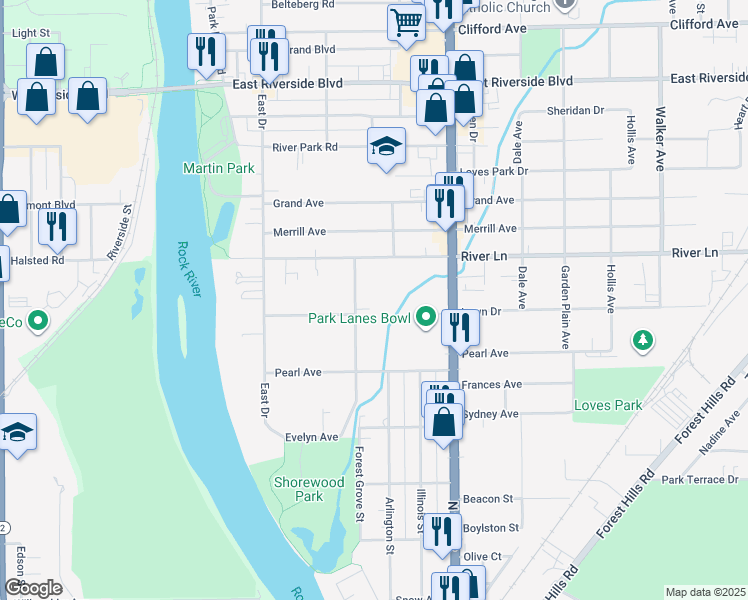 map of restaurants, bars, coffee shops, grocery stores, and more near 5417 Bennett Street in Loves Park
