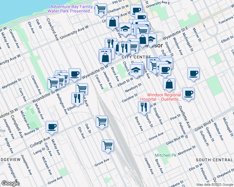 map of restaurants, bars, coffee shops, grocery stores, and more near 842 Janette Avenue in Windsor